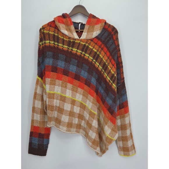Free People Sweaters - Free People Ainsley Plaid Hooded Poncho Sweater Size Small Wool Blend Boho